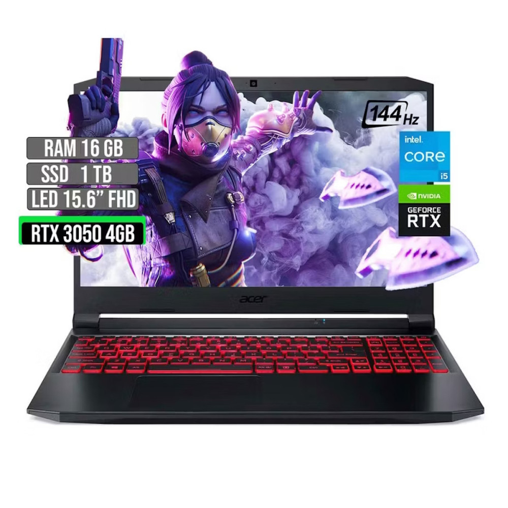 ACER NITRO AN515 • Core® i5 - 11va Gen, 6-Núcleos (Reales), 1TB SSD , RAM 16GB, RTX 3050 4GB, WIN 11, FULL HD 15.6" • NUEVO ACER NITRO AN515 • Core® i5 - 11va Gen, 6-Núcleos (Reales), 1TB SSD , RAM 16GB, RTX 3050 4GB, WIN 11, FULL HD 15.6" • NUEVO