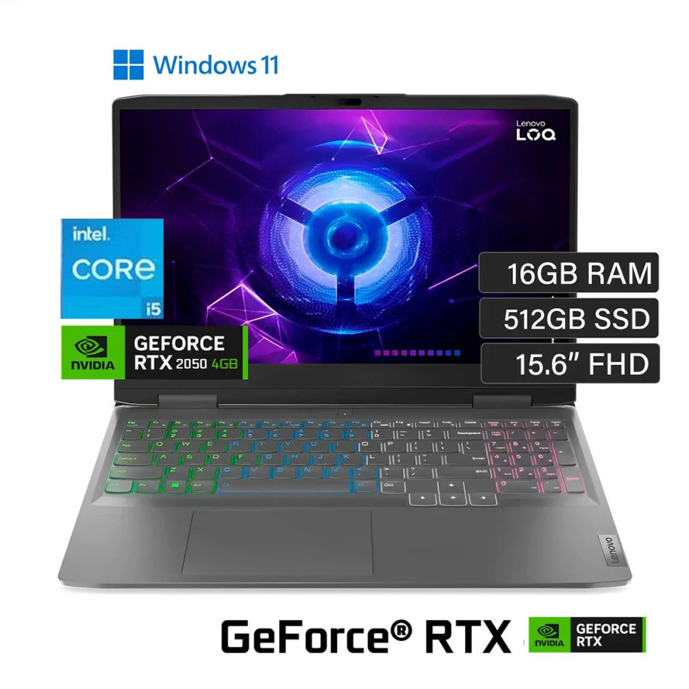 LENOVO LOQ 15IRH8 • Core® i5 - 12va Gen, 8-Núcleos (Reales), 512GB SSD , RAM 16GB, RTX 2050 4GB, WIN 11, FULL HD 15.6" • NUEVO LENOVO LOQ 15IRH8 • Core® i5 - 12va Gen, 8-Núcleos (Reales), 512GB SSD , RAM 16GB, RTX 2050 4GB, WIN 11, FULL HD 15.6" • NUEVO