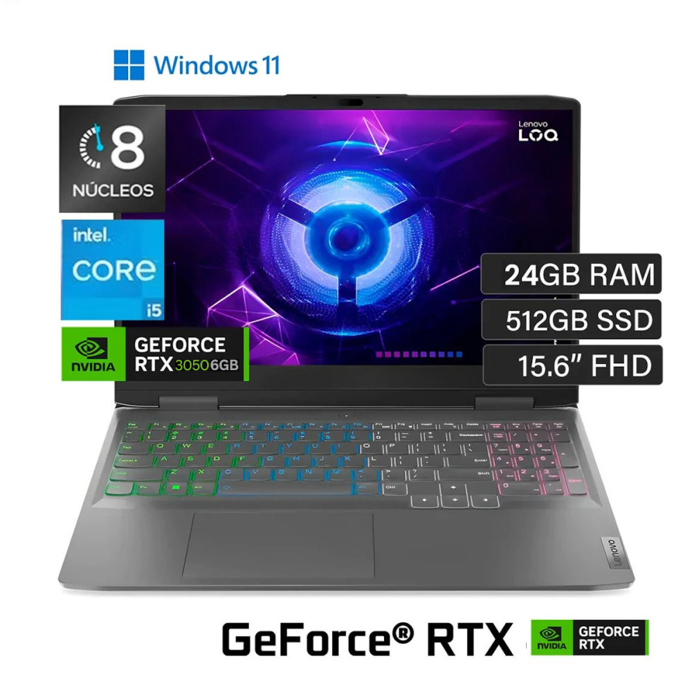 LENOVO LOQ 15IAX9 • Core® i5 - 12va Gen, 8-Núcleos (Reales), 512GB SSD , RAM 24GB, RTX 3050 6GB, WIN 11, FULL HD 15.6" • NUEVO LENOVO LOQ 15IAX9 • Core® i5 - 12va Gen, 8-Núcleos (Reales), 512GB SSD , RAM 24GB, RTX 3050 6GB, WIN 11, FULL HD 15.6" • NUEVO